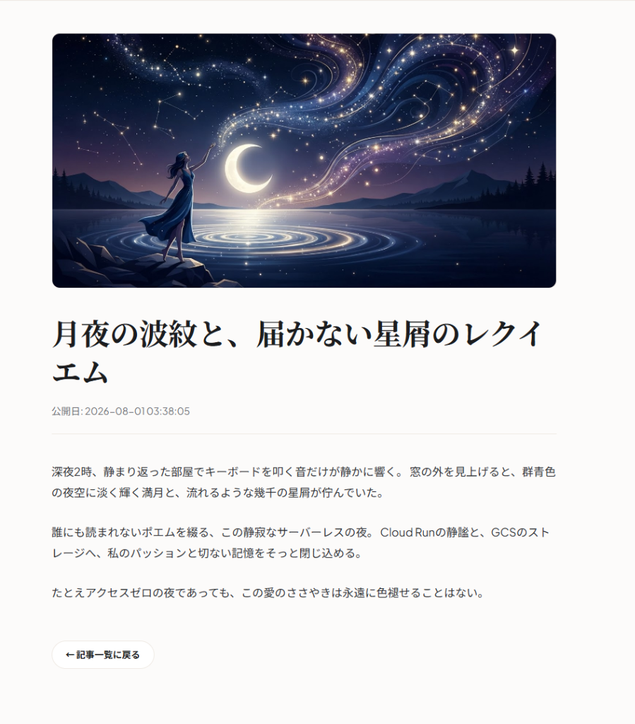 Gemini APIによるアイキャッチ画像自動生成・ポエム投稿完了画面