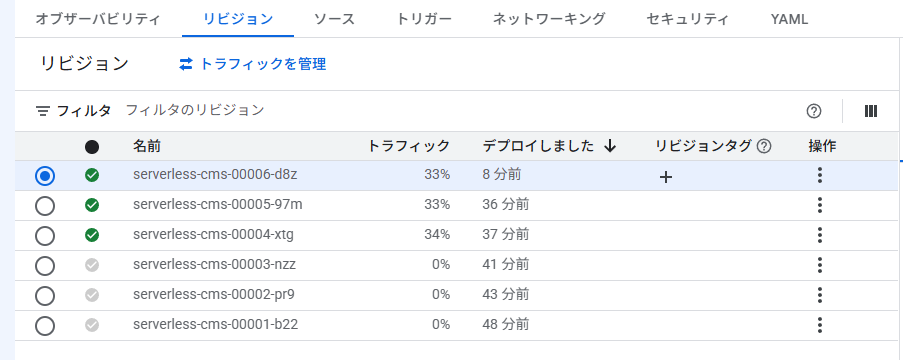 Cloud Run 33%/33%/34% 3分割トラフィック管理画面