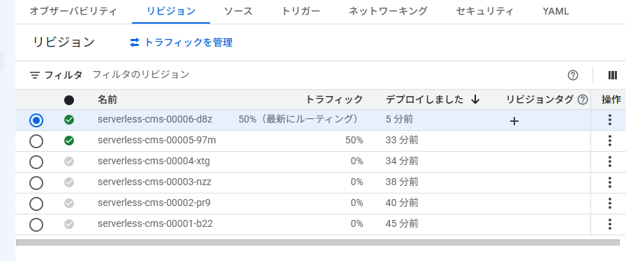 Cloud Run 50% カナリアリリース分割完了画面
