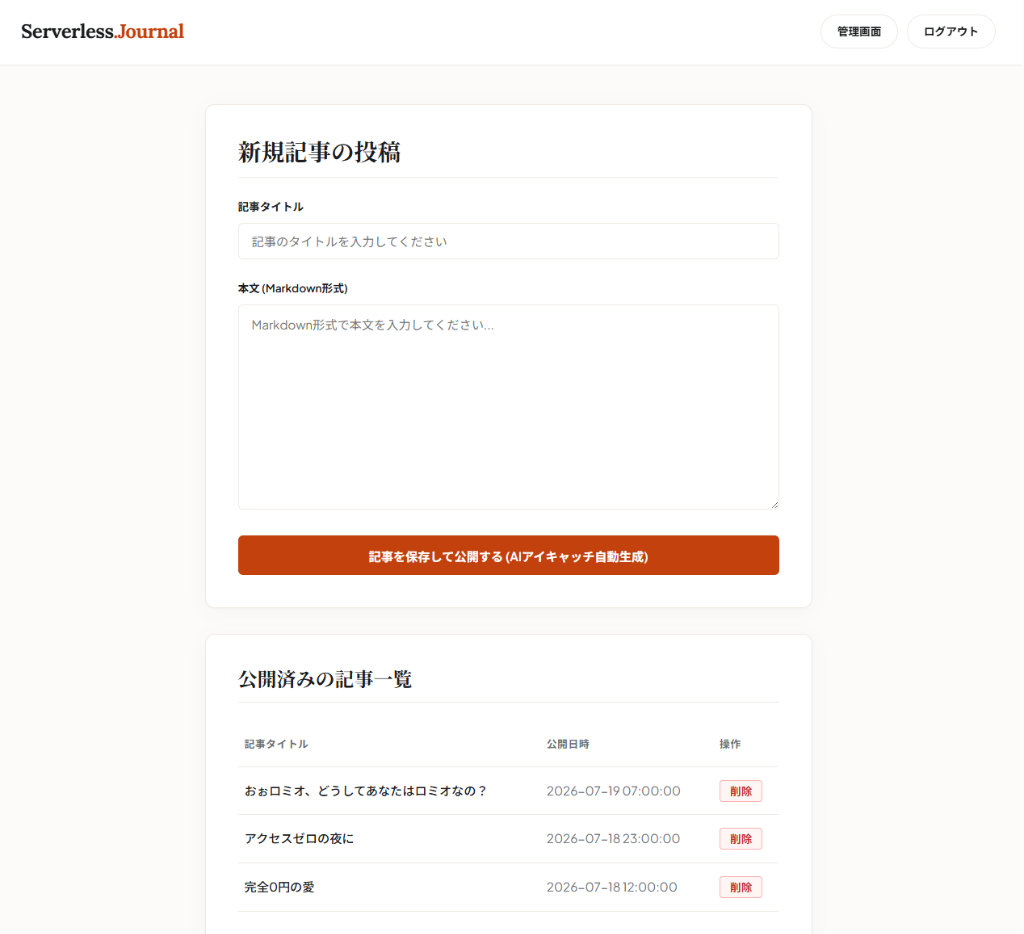 管理者ダッシュボード画面（ログイン完了後）