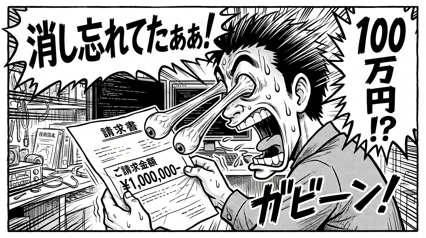 クラウド破産！月額100万円の請求書を見て目玉が飛び出るエンジニアのイラスト