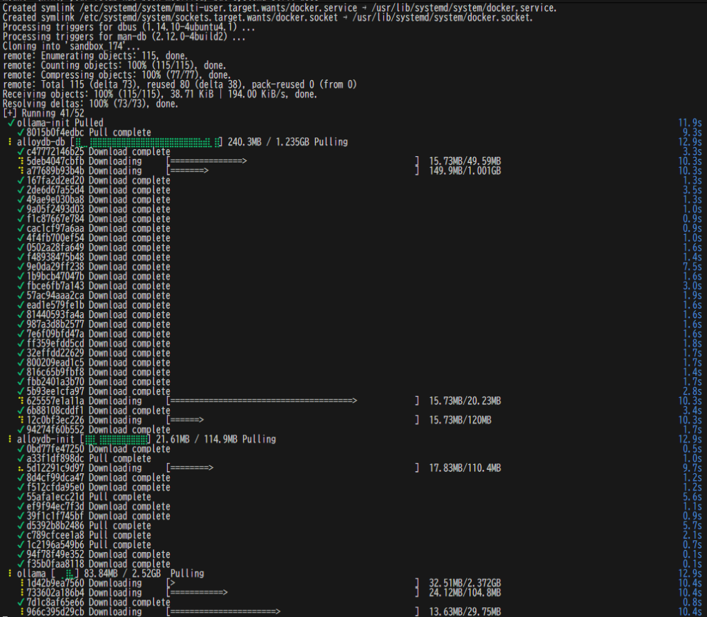 Docker Compose イメージダウンロード・起動ターミナル画面